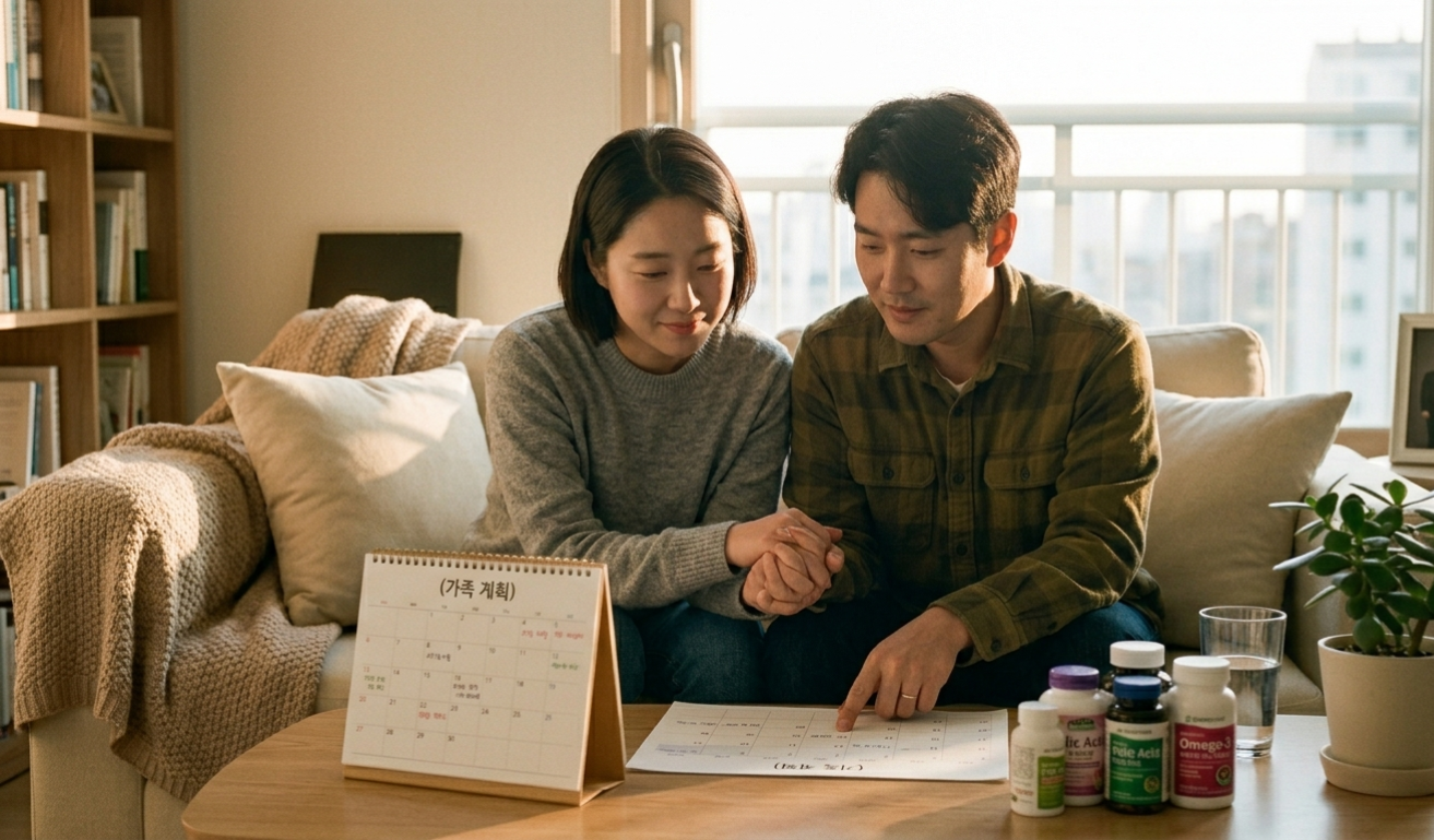 햇살이 가득한 거실에서 한국인 부부가 달력과 영양제 병을 함께 확인하며 차분하게 대화하는 모습을 담았습니다. 따뜻하고 희망적인 분위기 속에서 고품질의 질감과 부드러운 색감을 강조하여 독자의 공감을 이끌어냅니다.
