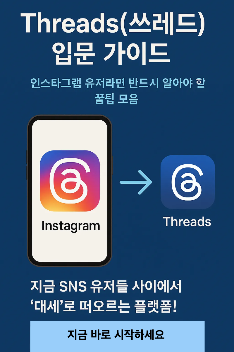 Threads(쓰레드) 입문 가이드 인포그래픽 &ndash; 인스타그램과의 연동을 강조한 스마트폰과 로고, 필수 활용 팁을 시각적으로 표현