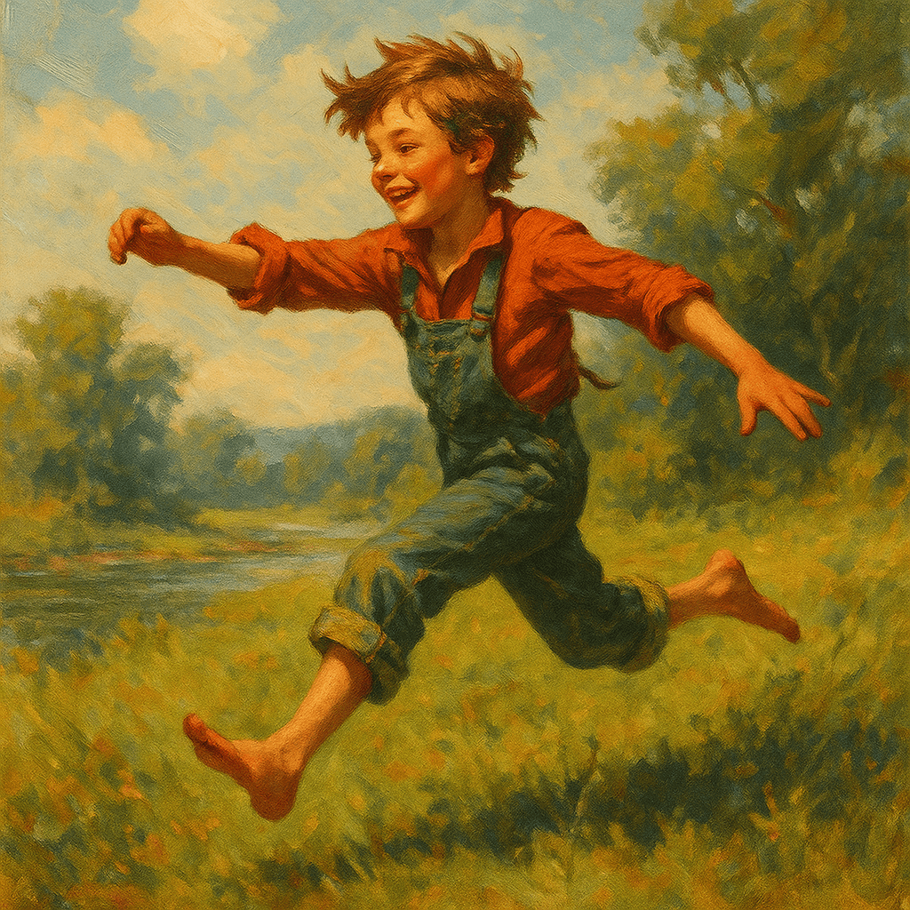 강가를 달리는 소년 이미지