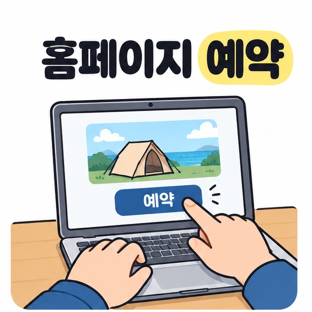 홈페이지 예약 문구 아래 노트북 화면의 텐트 사진과 예약 버튼을 손으로 가리키는 장면