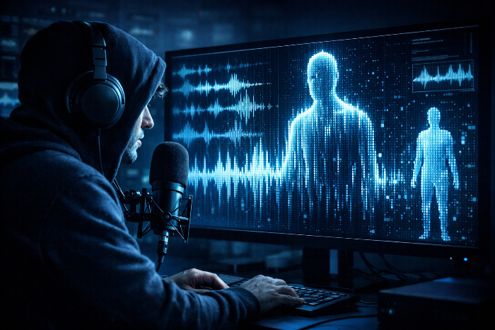 인공지능 음성 복제 기술을 활용한 딥페이크 피싱 범죄 현장 그래픽