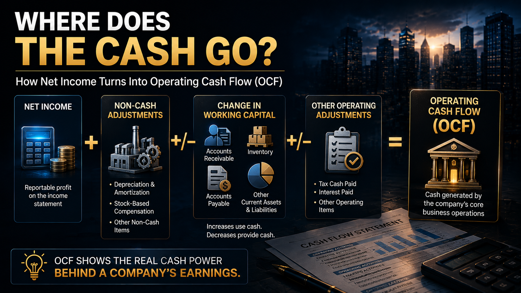 Operating Cash Flow calculation using net income non-cash adjustments and working capital changes