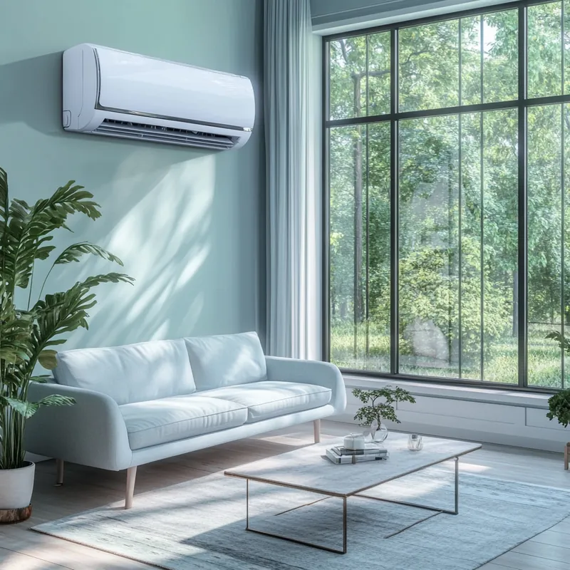 고급스러운 거실에 인테리어에 자연스럽게 어우러지는 에어컨이 은은한 바람을 보내며 안락함을 더해준다. 스타일리쉬한 공간에서 평온함을 느낄 수 있다. 기능성과 세련미가 강조된 편안한 실내 환경을 제공한다.