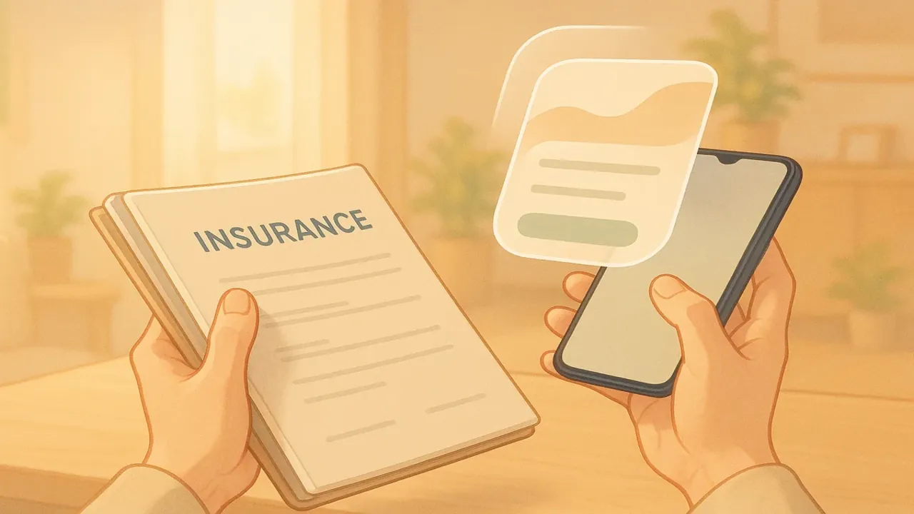 보험 서류와 스마트폰을 들고 있는 손 이미지로 보험계약대출의 간편함을 표현