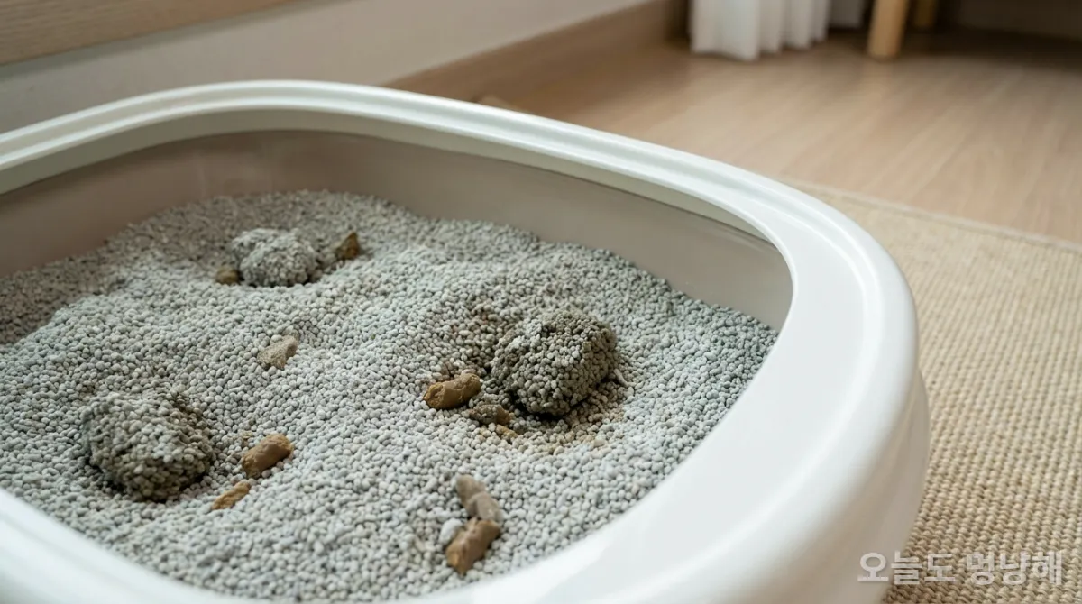 고양이 화장실 속 뭉친 소변과 대변, 냄새의 원인을 보여주는 클로즈업 이미지