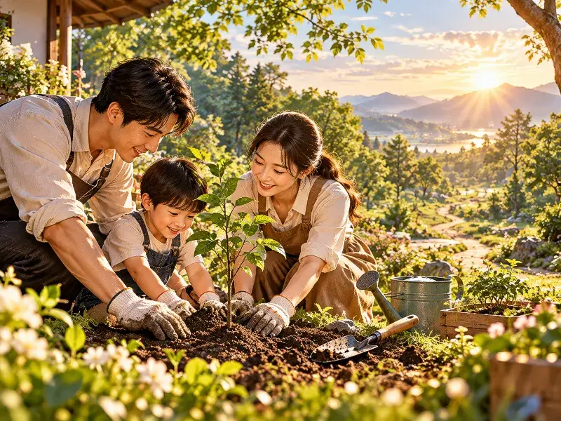 A family planting a young tree in a sunlit garden, with a watering can and a small shovel nearby, symbolizing growth, values, and a bright future path