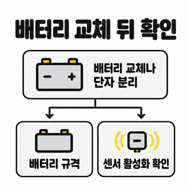 배터리 교체나 단자 분리 뒤 배터리 규격과 센서 활성화 여부를 확인하는 점검 도식