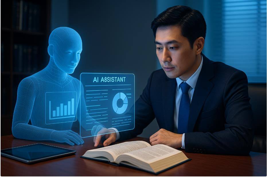 변호사와 AI 홀로그램 조수(AI Assistant)가 함께 자료를 검토하는 장면