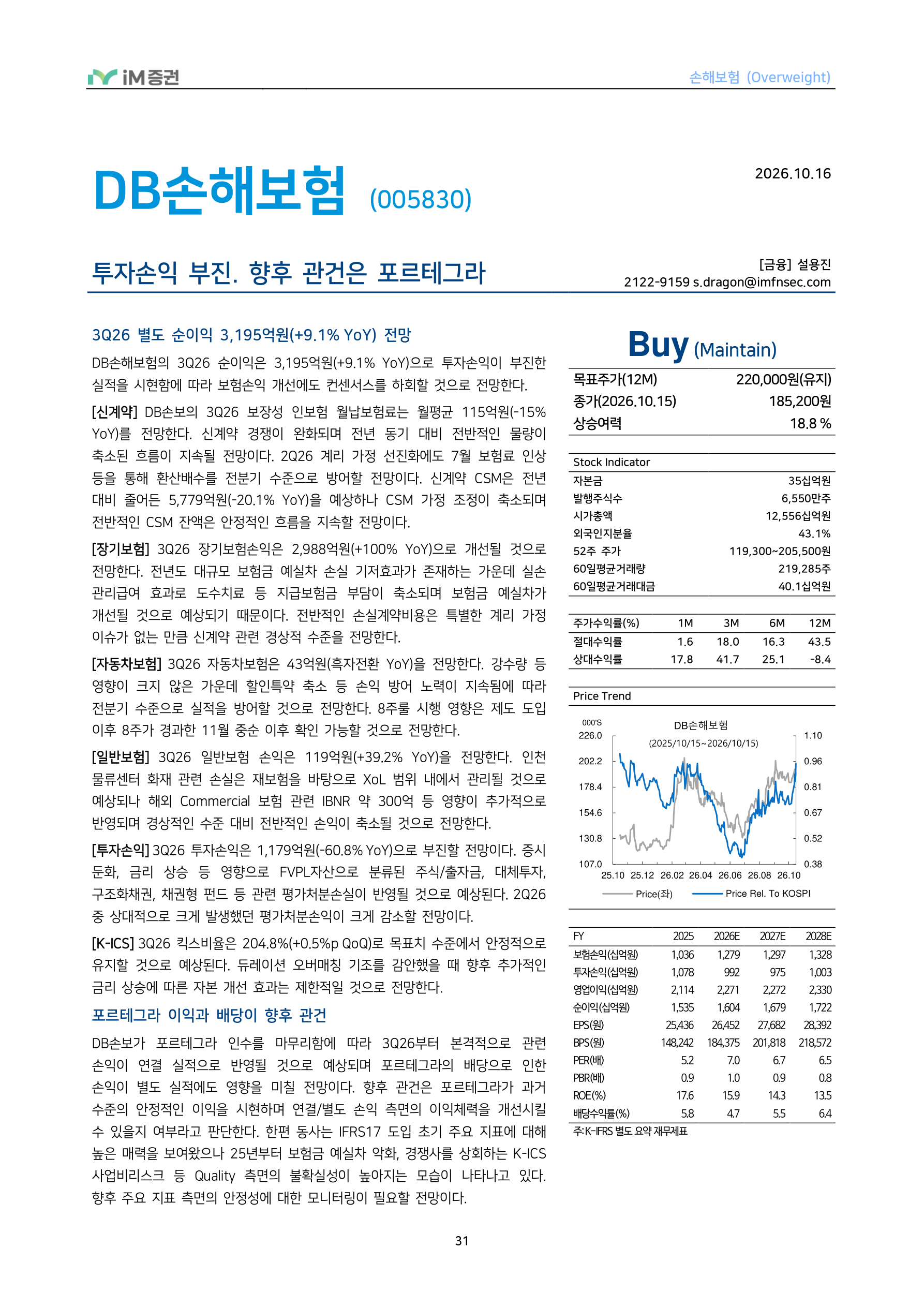 In-Depth Report - 손해보험 3Q26 Preview - 투자손익 부진에도 보험손익은 점진적 개선_iM증권 31페이지