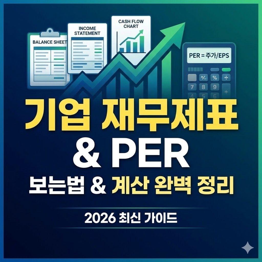 기업 재무제표의 핵심 3대 서류 설명과 PER 주가수익비율 계산 공식, 그리고 고평가 및 저평가를 구분하는 판단 기준표를 담은 정보성 인포그래픽 이미지