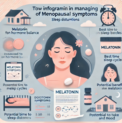 갱년기 여성의 수면 문제와 호르몬 균형을 관리하는 멜라토닌의 역할을 요약한 인포그래픽 이미지