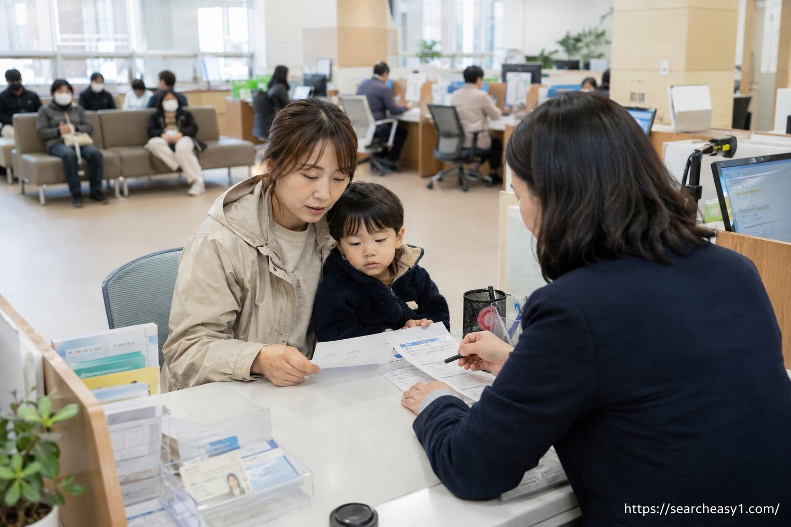 한부모가족이 자녀와 함께 주민센터 상담창구에서 양육비 선지급 신청서와 지급내역을 확인하는 모습