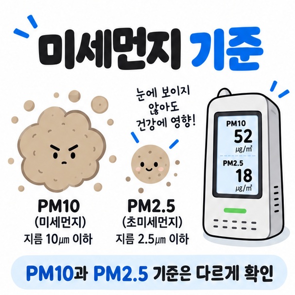 PM10 PM2.5 먼지 입자와 대기질 측정기 아이콘을 중심으로 미세먼지 기준 문구를 보여주는 대표 카드뉴스 이미지