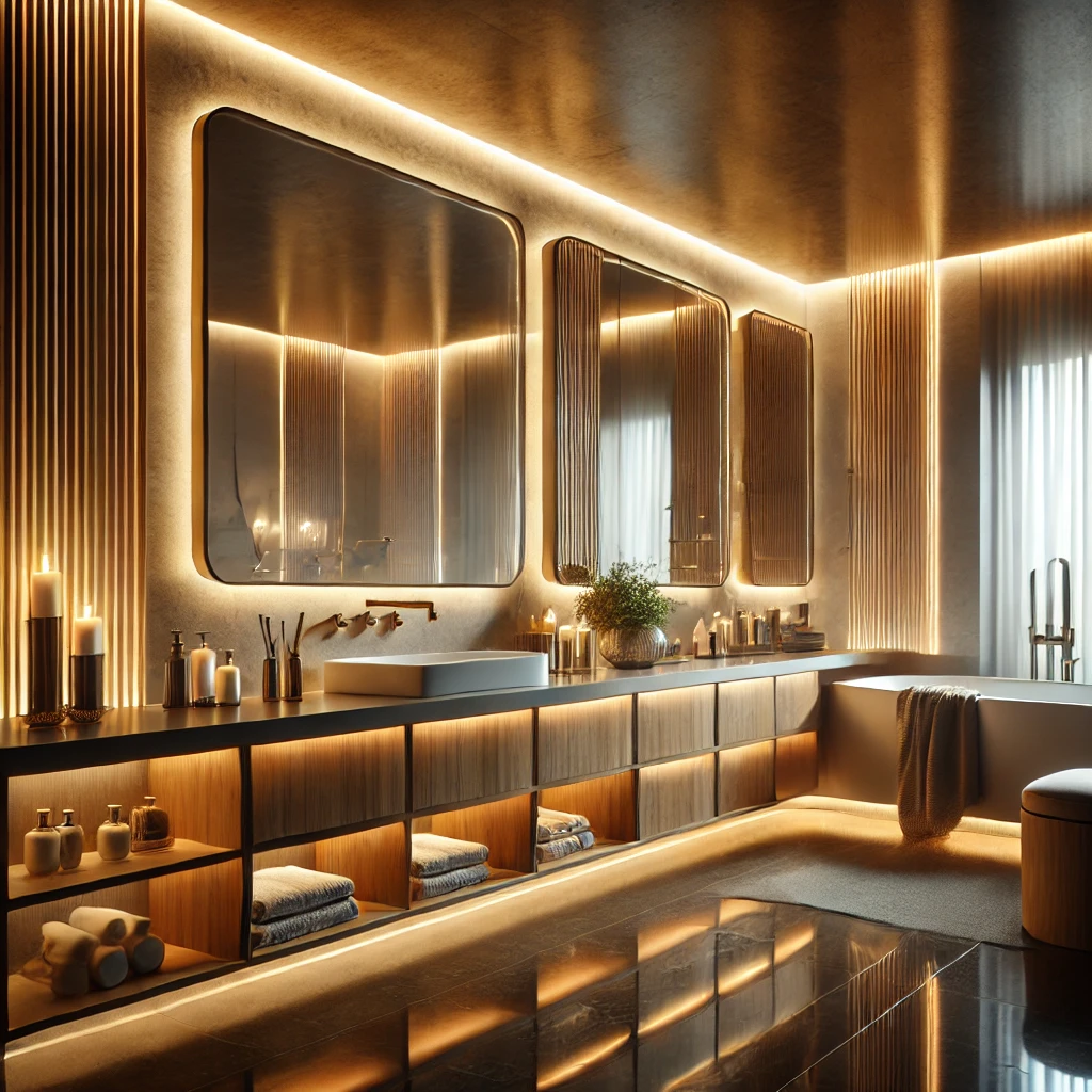 거울 뒤편 간접 조명이 설치된 모습