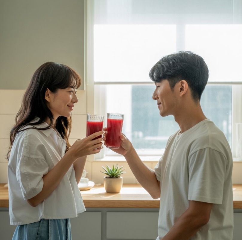 디톡스 주스 마시는 가족 이미지
