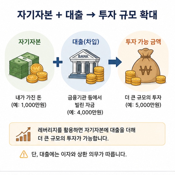 자기자본과 대출을 합쳐 투자 규모를 키우는 금융 레버리지 구조를 설명한 이미지