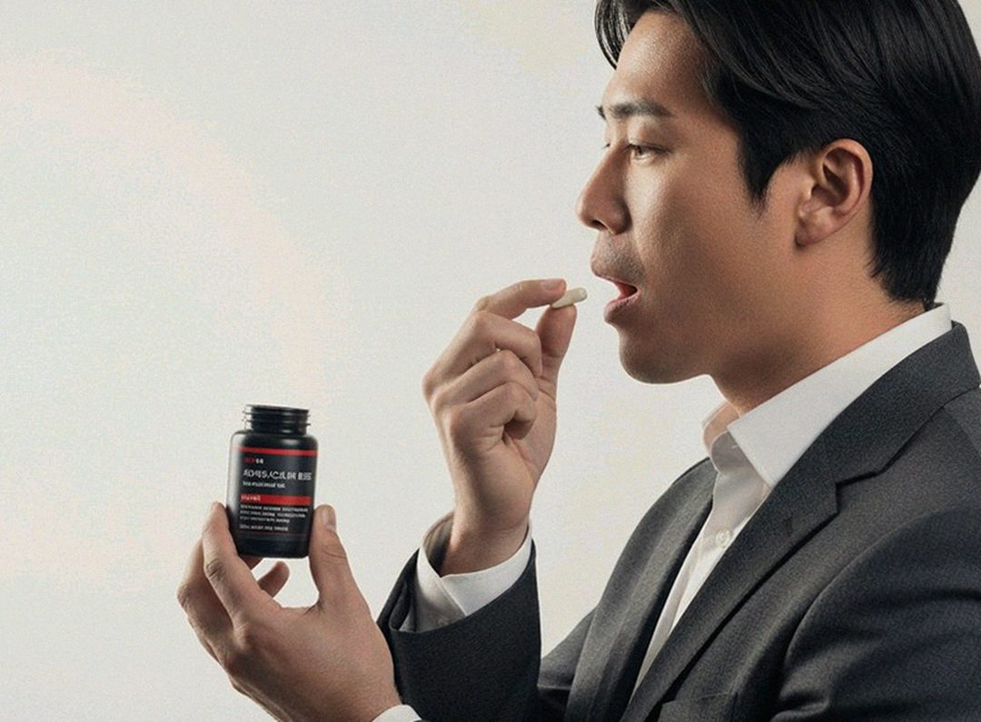 Korean Asian man drinking water with supplement at desk