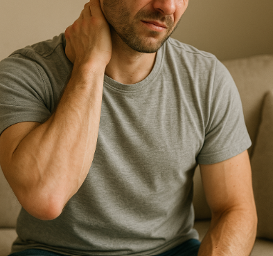 통증으로 목을 누르고 있는 중년 남성의 모습, 습관처럼 반복되는 근육통과 만성 불편함을 표현한 장면