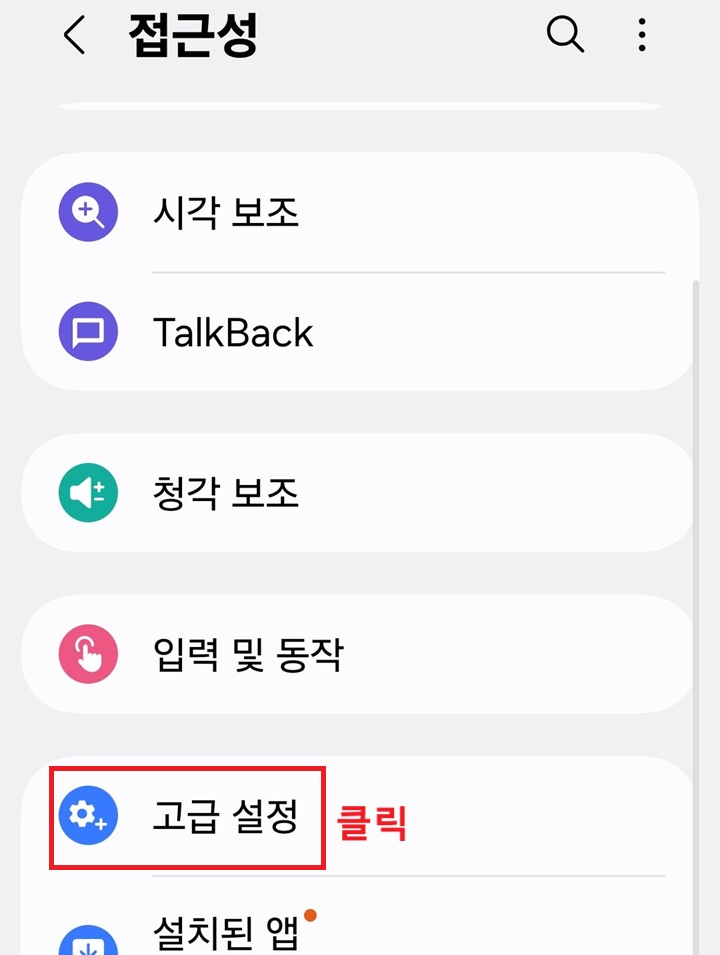 접근성 페이지에 고급 설정 메뉴 보임