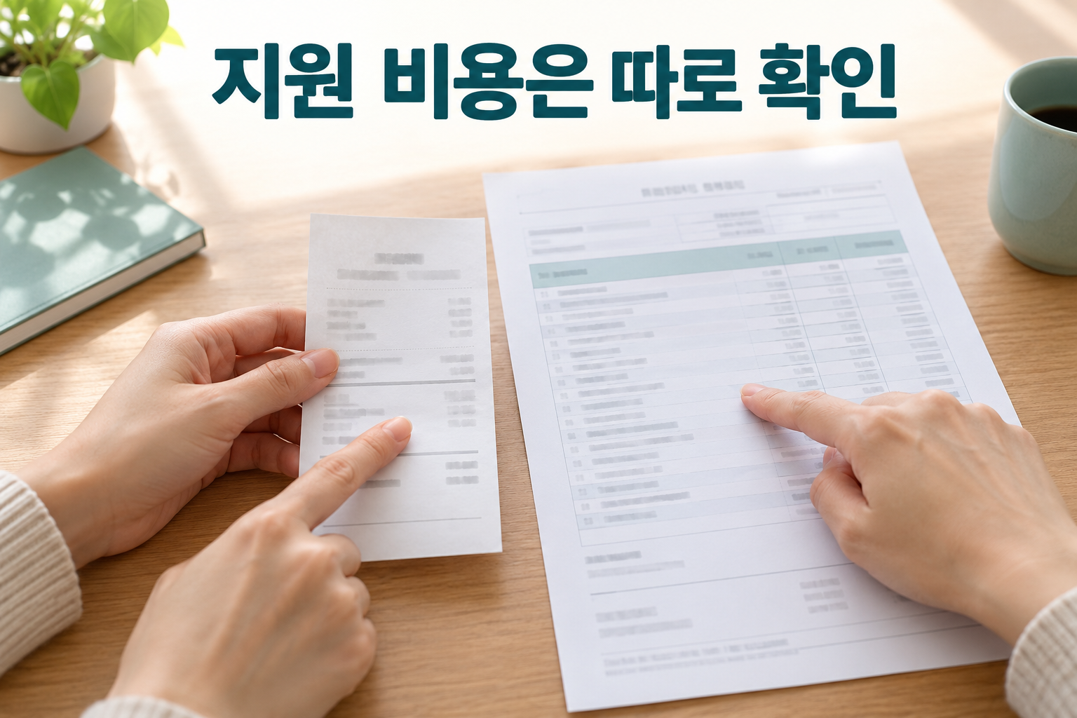 영수증과 진료비 세부내역을 나란히 펼쳐 항목을 확인하는 손