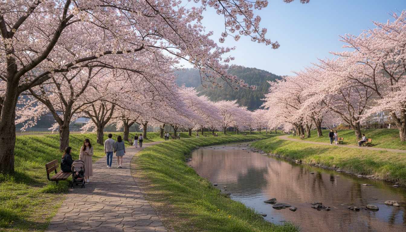 따뜻한 봄 햇살 아래 벚꽃이 흩날리는 평화로운 양재천 산책로와 하천 풍경