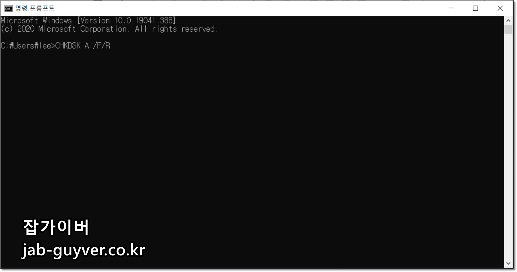 명령 프롬프트에서 CHKDSK 명령어를 실행해 외장하드 오류를 검사하는 화면