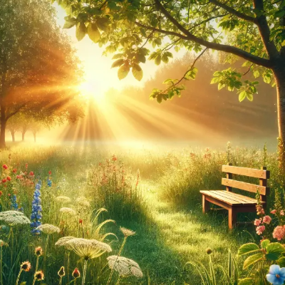 숲-꽃-나무의자-나무-햇빛