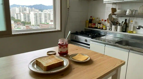 식탁 위에 식빵, 딸기잼, 슬라이스 치즈가 놓여 있음
