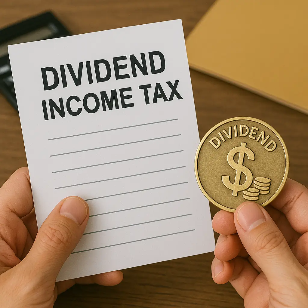 배당소득세 개념을 설명하는 사실적인 이미지로, 투자자가 세금 문서와 배당금 동전을 손에 들고 있는 장면