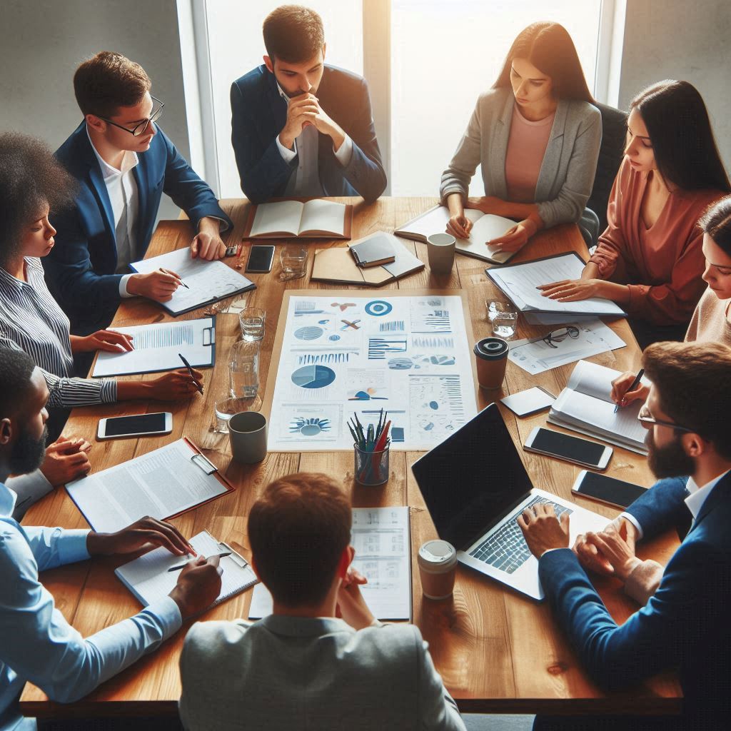 다양한 정책 문서를 검토하는 사람들이 모여 있는 회의 장면, 테이블 위에는 각종 법률 서적과 노트북이 놓여 있음