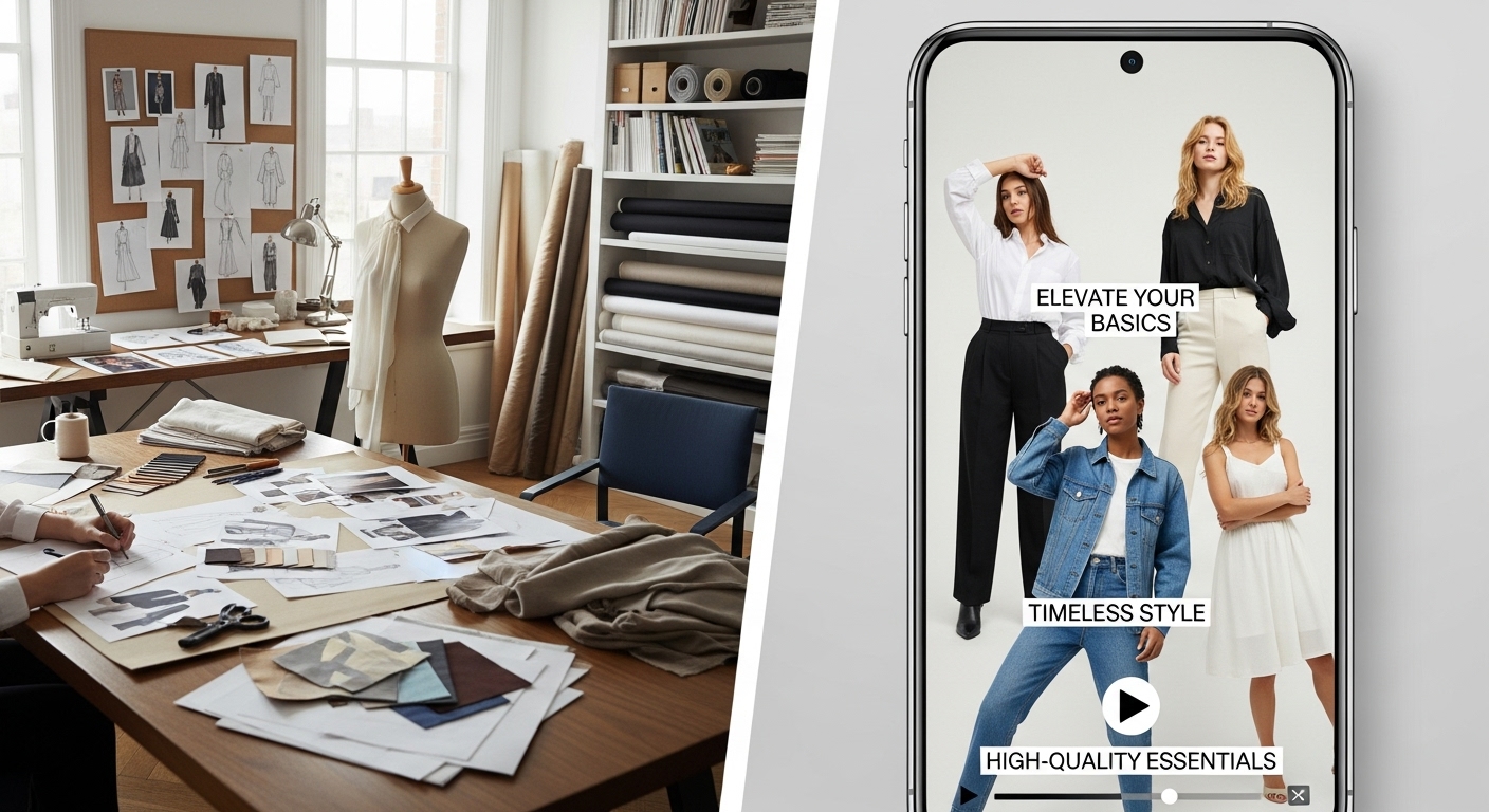 명품 디자이너의 스케치와 원단이 있는 디자인 스튜디오와 스마트폰 화면에서 재생되는 유니클로 협업 제품의 쇼폼 바이럴 마케팅 영상이 결합된 이미지