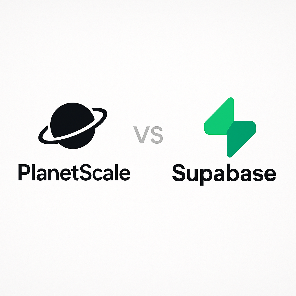 PlanetScale과 Supabase 로고를 나란히 비교한 이미지로 두 클라우드 데이터베이스 서비스의 브랜드 아이덴티티를 보여줌
