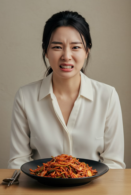 입병으로 음식을 먹으며 통증으로 아파하는 여성