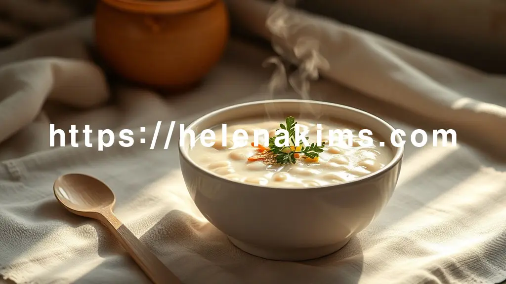 아늑하고 따뜻한 조명 아래, 스팀이 살짝 올라오는 하얀색 도자기 볼에 담긴 부드러운 닭죽(또는 야채수프). 죽 위에는 파슬리나 깨 약간, 또는 작은 야채 조각이 고명으로 살짝 얹혀 있다. 옆에는 은은한 나무 수저가 가지런히 놓여 있는 모습.