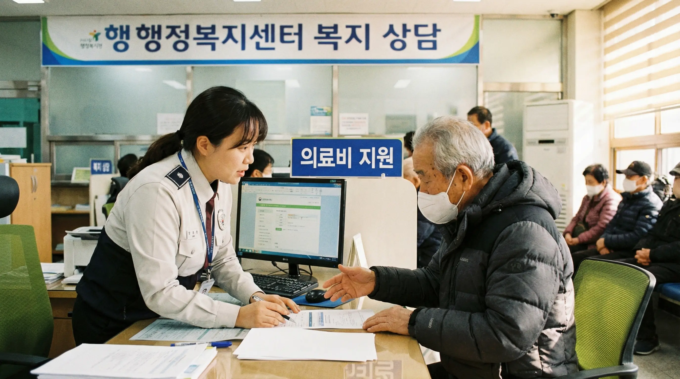 행정복지센터 복지 창구에서 공무원과 의료비 지원 상담을 받고 있는 수급자의 모습