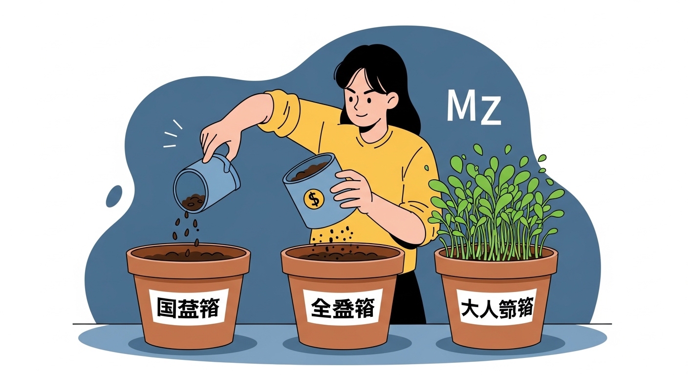 MZ세대가 국민연금, 퇴직연금, 개인연금 세 가지 연금을 씨앗처럼 심어 노후를 준비하는 비유적인 일러스트.