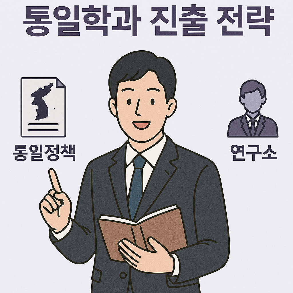 통일학과 진출 전략 포스터로, 아주 연한 보라색 배경 위에 통일정책, 연구소, 공무원 직무를 정장 차림의 남성과 함께 설명한 일러스트