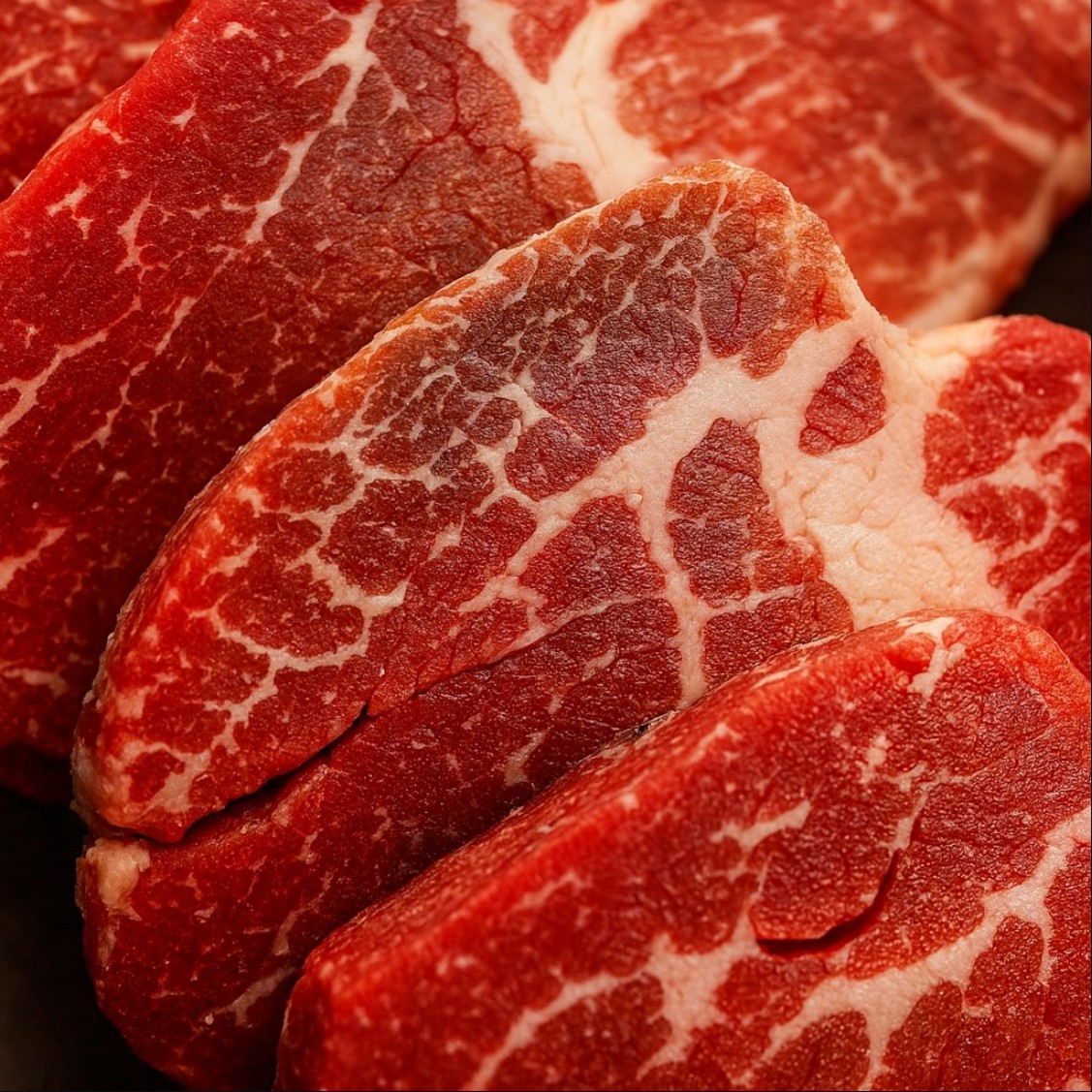 고기 변색 확인을 위한 선홍색과 마블링이 보이는 생고기 클로즈업 이미지