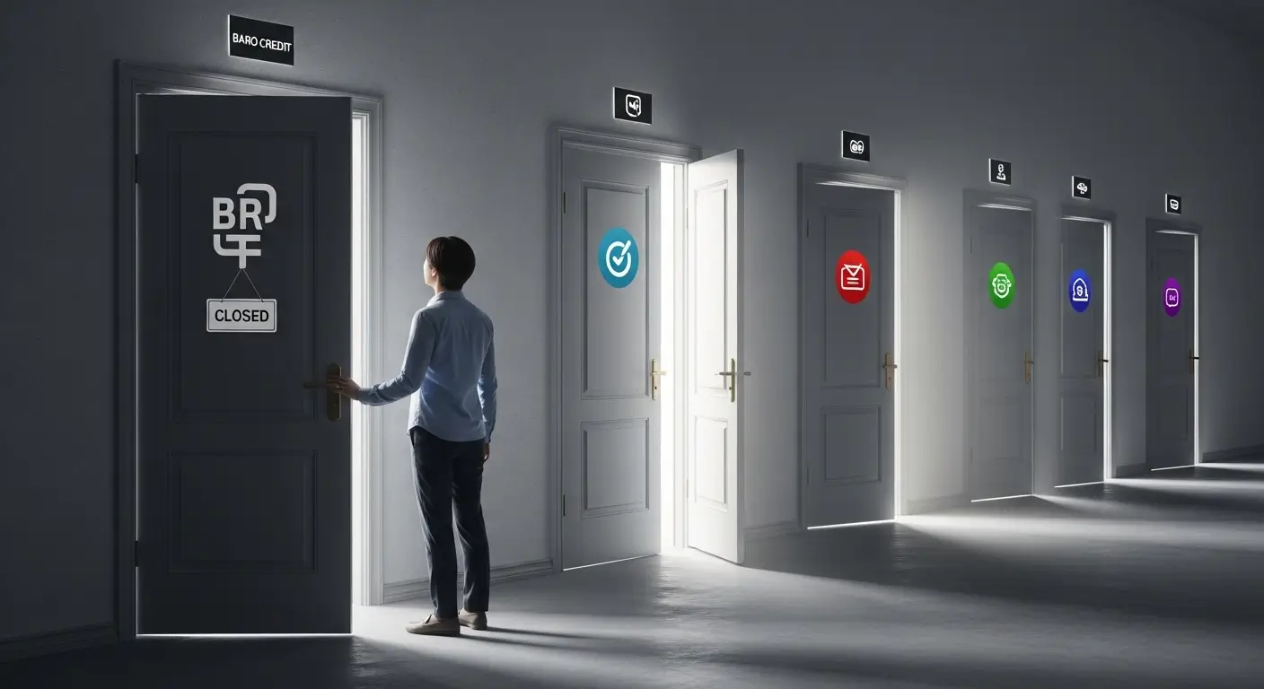 닫힌 바로크레디트 문 대신, 러시앤캐시, 리드코프 등 열려있는 다른 대부업체 문들을 발견하는 모습