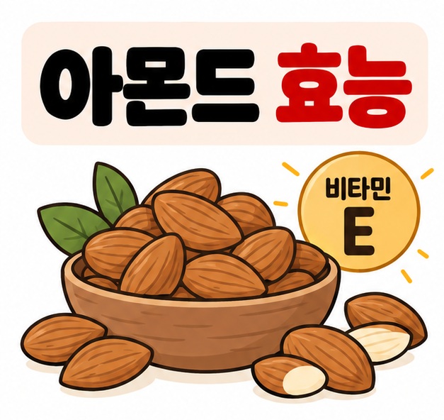 아몬드 한 줌과 비타민 E 아이콘 옆에 아몬드 효능 문구를 크게 보여주는 대표 카드