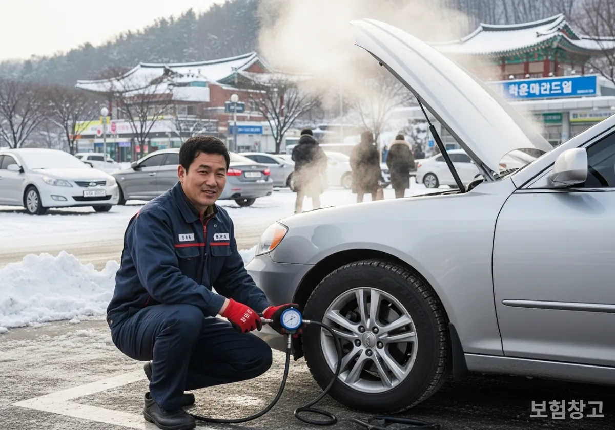 설 연휴 장거리 운전 전 휴게소에서 타이어 공기압을 점검하는 모습