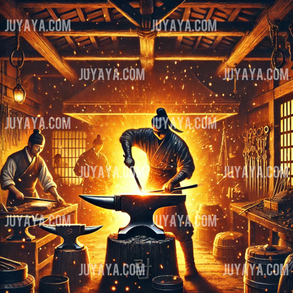 전통 대장간에서 장인이 불꽃을 튀기며 거궐을 단련하고 있는 모습