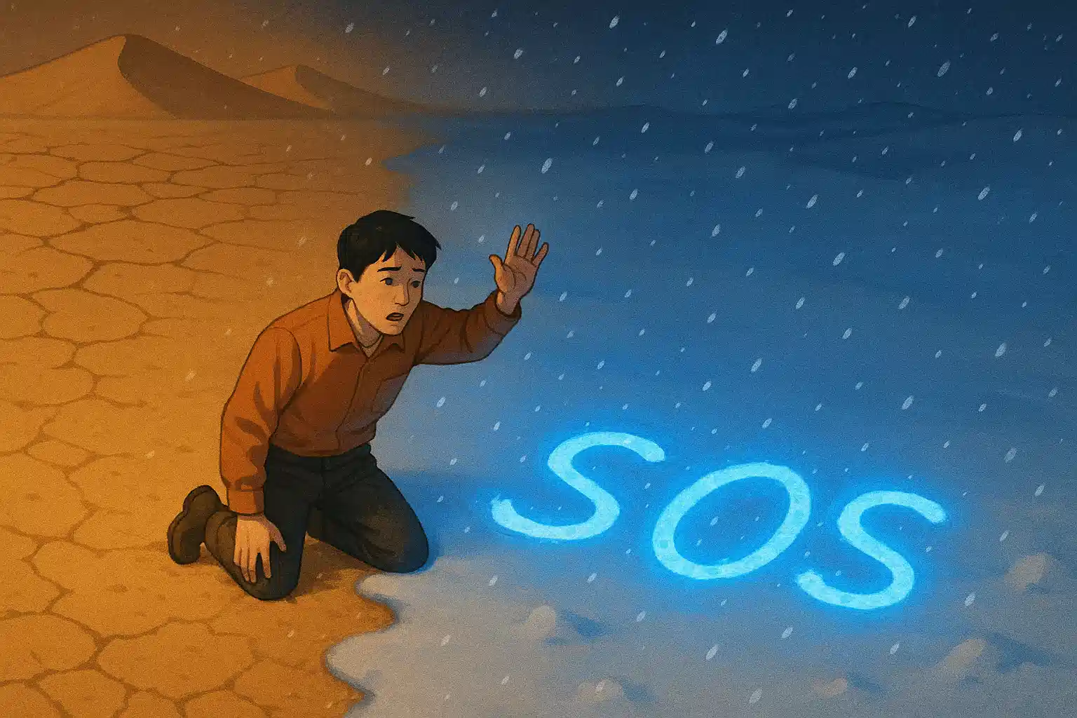 눈 속에서 &lsquo;도와주세요(SOS)&rsquo; 신호가 떠오르는 콘셉트 일러스트, 건조한 사막과 촉촉한 눈의 대비