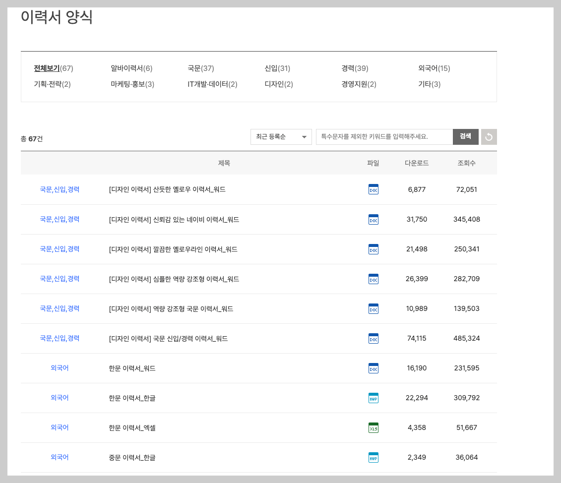 이력서 양식 무료다운, 신입, 경력, 아르바이트 등 분야별 67개
