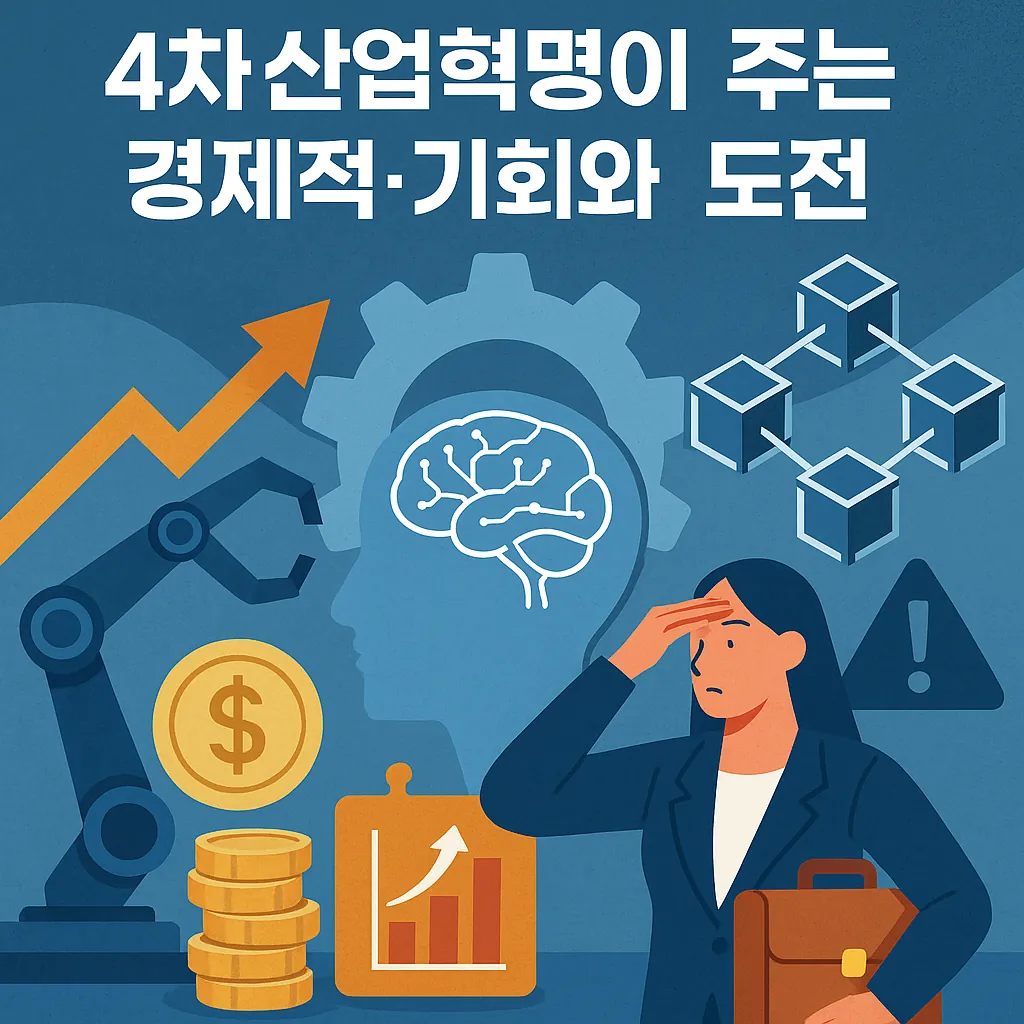 4차-산업혁명이-가져오는-경제적-기회와-도전을-로봇팔-블록체인-AI-기호로-표현하고-여성이-미래를-고민하는-장면을-그린-일러스트