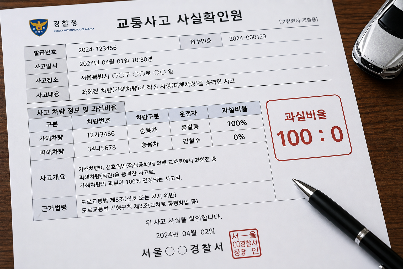 교통사고 과실 100대0 기준