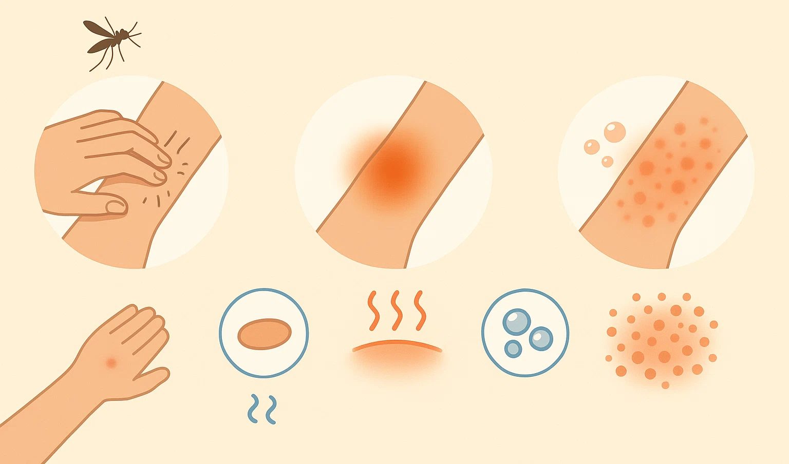 벌레 물림 후 나타날 수 있는 다양한 피부 반응, 가려움·붓기·열감·수포·발진