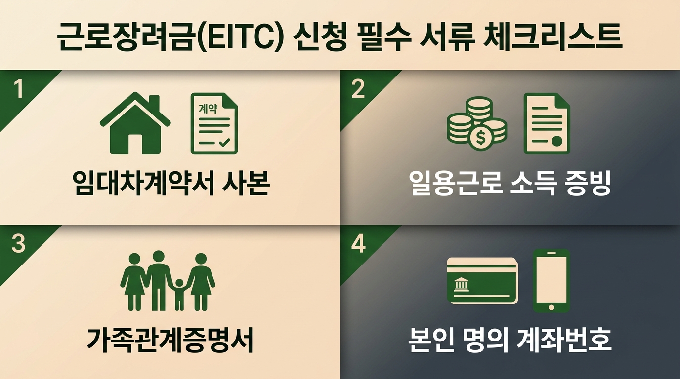 근로장려금 정기신청 전 반드시 확인해야 할 필수 서류 4가지 체크리스트 인포그래픽