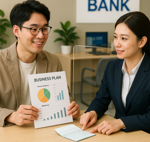 사업자 통장을 만들기 위해 은행 창구에서 상담하는 모습