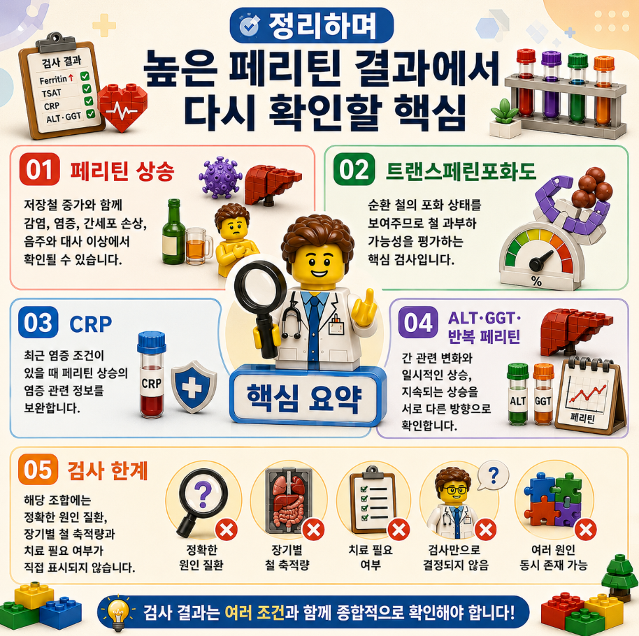 높은 페리틴 결과에서 다시 확인할 핵심 내용을 요약한 레고 스타일 메디컬 인포그래픽